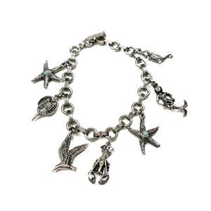 Vintage Silver-Tone Sea Life Ocean Beach Charm Bracelet w/ Turquoise Accent